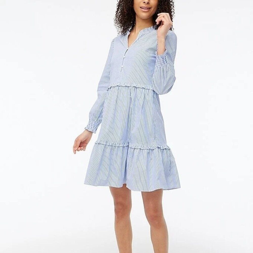 J. Crew BQ048 Classic Blue White Stripe Long Sleeve Mini Dress Ruffle Sz 14